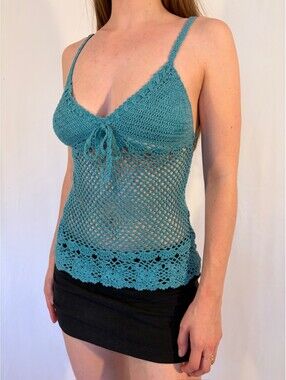 Teal Blue Crochet Floral Boho Fairy Bow Cami